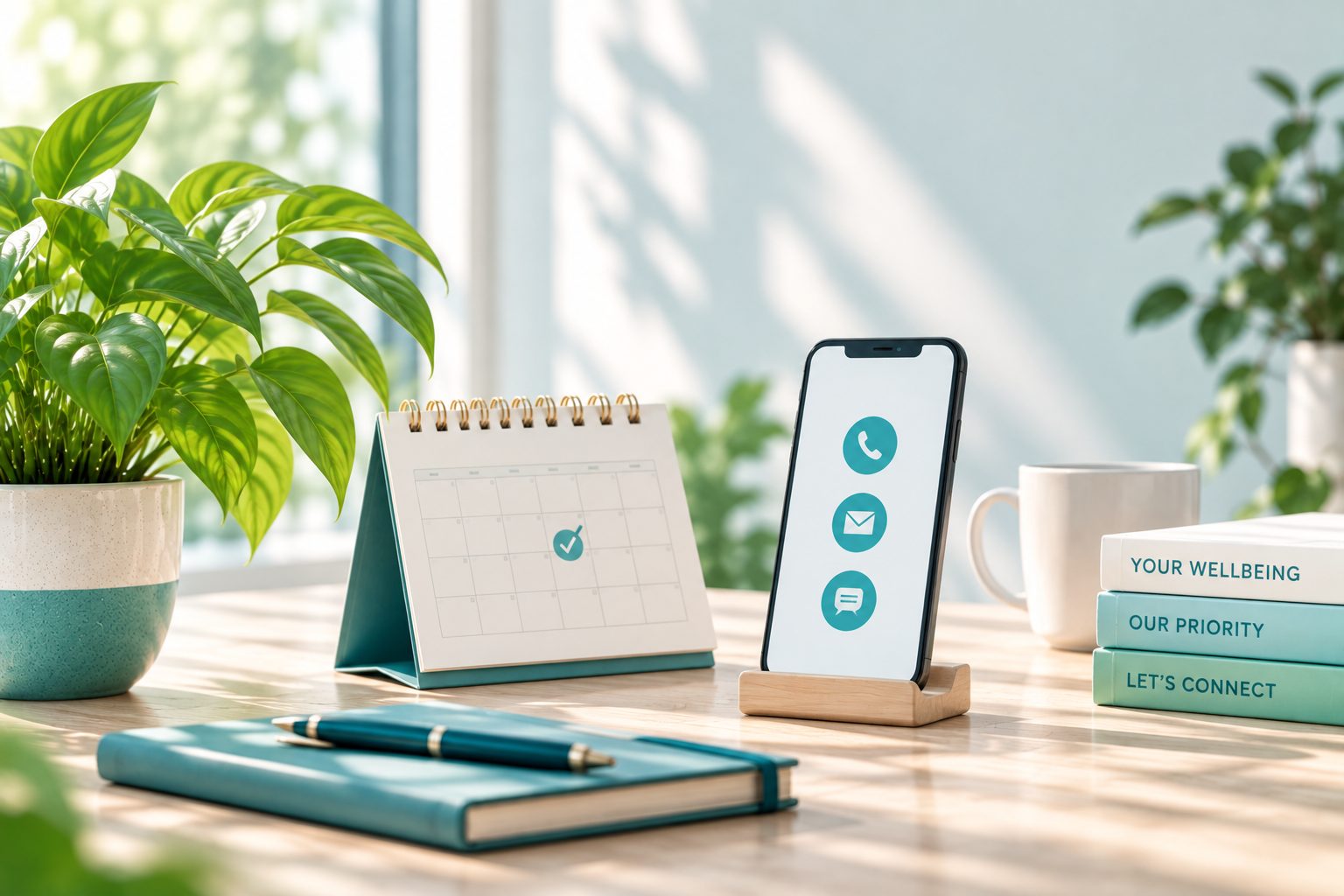 A notebook, phone and mug on a desk representing a simple, secure booking process