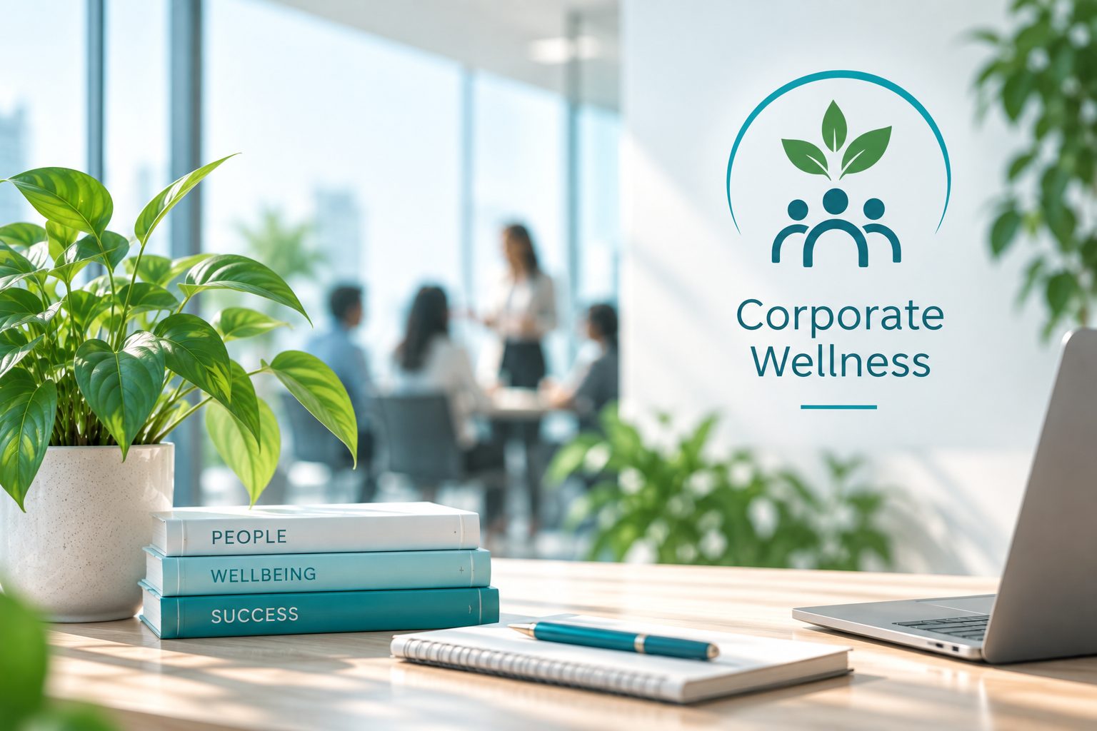 A workplace wellbeing desk setup with plants, books on people and wellbeing, and a laptop