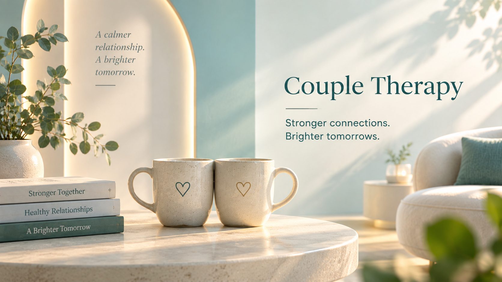 Two mugs and books on connection resting together, symbolising couple therapy
