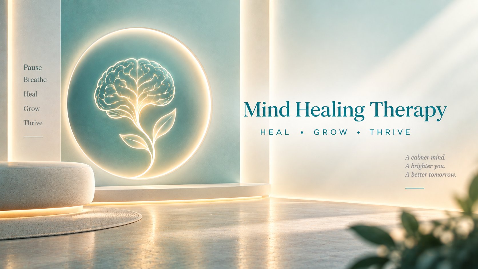 A calm, softly lit therapeutic space with a glowing brain-and-leaf emblem, the Mind Healing Therapy wordmark, and the words Pause, Breathe, Heal, Grow, Thrive